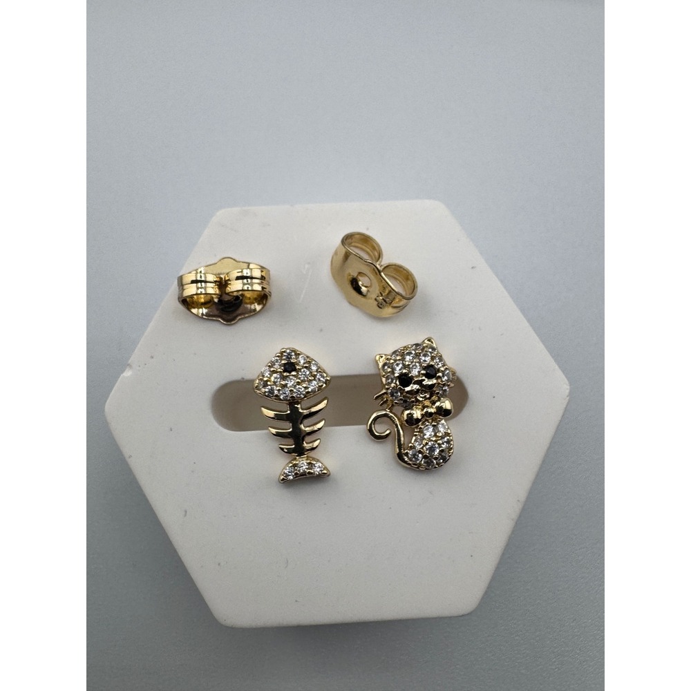 14K Gold Plated Cat and Fishbone Mismatched Stud Earrings Pave Crystal Jewelry